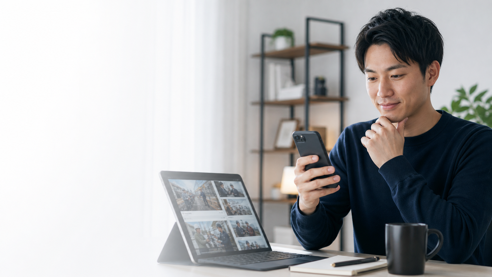 自宅でスマートフォンを使い求人情報を調べる求職者