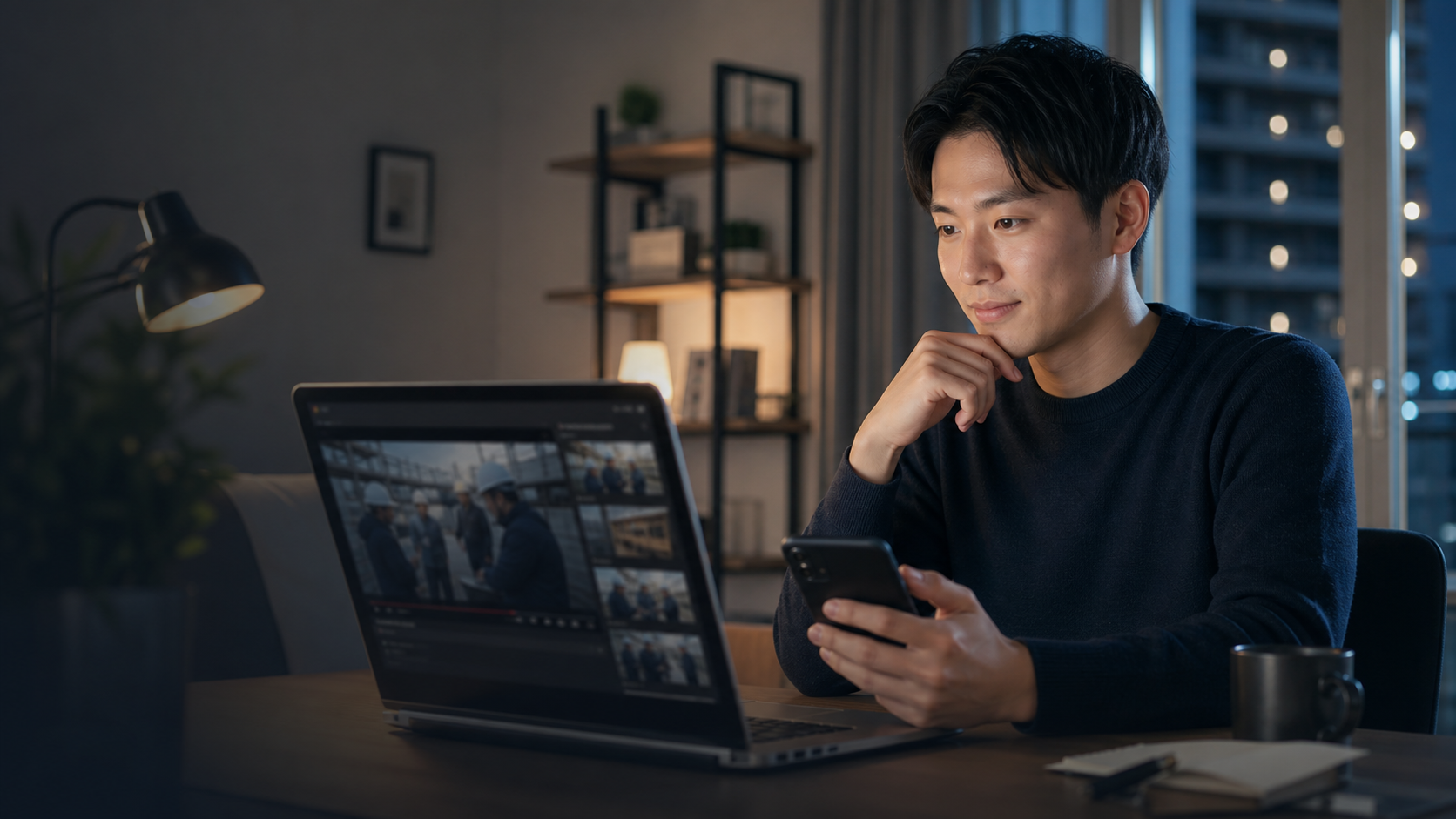 求職者が会社のYouTube動画を見て仕事内容を調べる様子